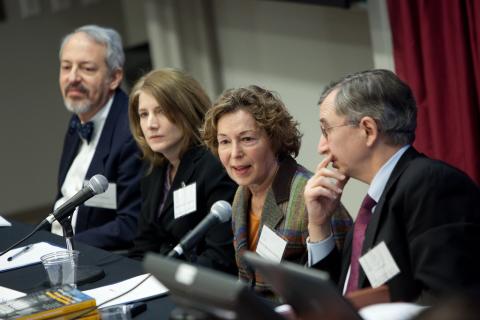 Stuart Luppescu (from left), Elaine Allensworth, Penny Bender Sebring, and Tony Bryk speak at at the Consortium's "Organizing Schools for Improvement" symposium (January 14, 2010)