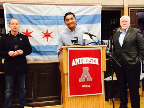 Alds. Ameya Pawar (47th), Tom Tunney (44th), and Pat O'Conner (40th) launched the overall GROWCommunity initiative at Amundsen High School on February 7, 2015